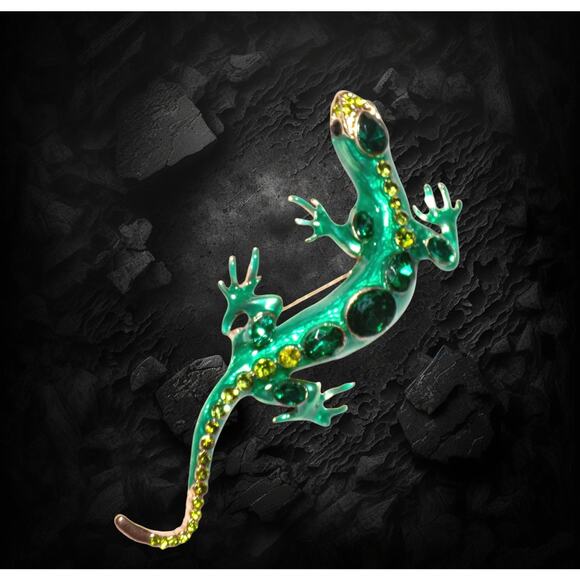Lizard Brooch 3.5" Green Enamel & Bezel Set Rhinestone - Picture 2 of 4